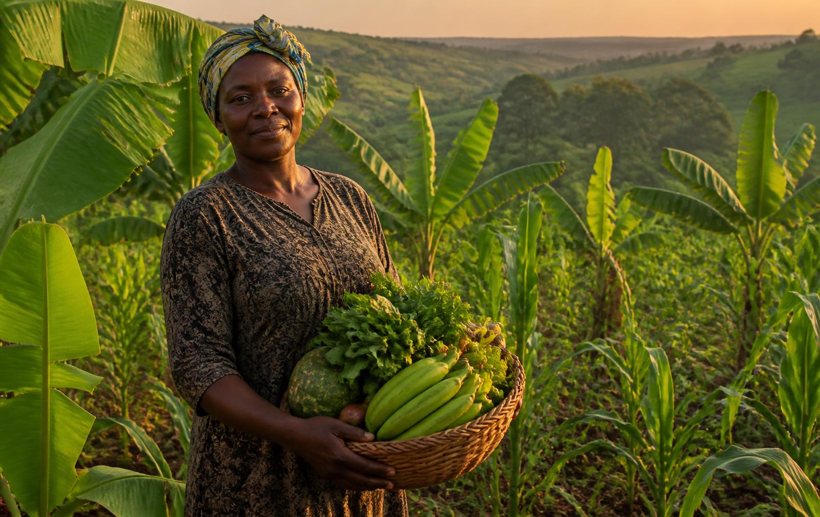 Ugandan woman producer holding a basket of fresh produce in a green field